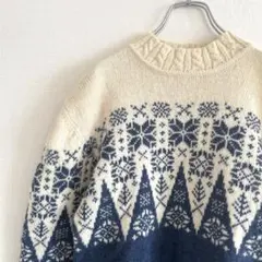 used ノルディックデザインニット ホワイト ブルー 総ウール 古着