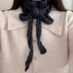 ハンドメイド　フリルマフラー　細マフラー　黒　ブラック　ウール　ヘッドドレス