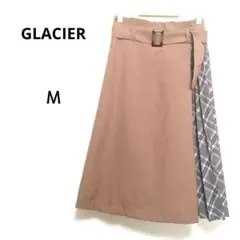 グラシア М 茶系 チェック柄プリーツ切り替えフレアスカート ミモレ丈