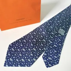 HERMES エルメス 総柄 シルク ネクタイ ネイビー - メルカリ