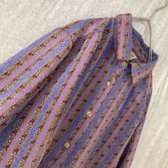 ヴィンテージ ブラウス 花柄 ストライプ レトロ ガーリー パープル ピンク 青