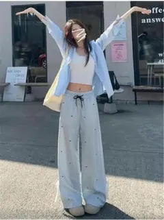 【人気】ライトブルー ストライプ柄 ワイドパンツ Lサイズ