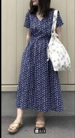 PAUL & JOE ♪ ネイビー花柄半袖Vネックワンピース　美品❣️