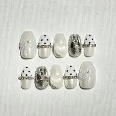 サイズオーダー ネイルチップ バレエコア フレンチガーリー リボン パール