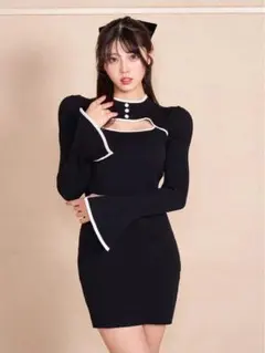 パイピングボタンニットロングワンピース