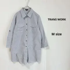 トランスワーク　ストライプ柄　チュニックシャツ　M ブルー　七分袖　麻混のサムネイル