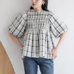 LOWRYSFARM チェックパフスリーブブラウス