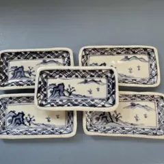 青白磁の風景画 小皿 5枚セット　手描き　手捻り