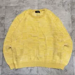 80s vintage クルーネック3Dニット 幾何学柄 黄 レトロ ストリート