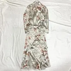 ガウン ルームウェア 花柄 ボタンレス ウエスト紐有 羽織 長袖 サテン1XL