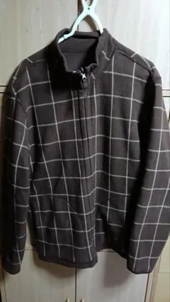 ブラウン チェック柄 リバーシブル　フリースジャケット Lサイズ