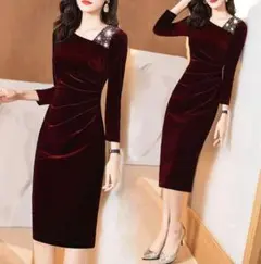 【最終値下げ】ベロアドレス　ワインレッド　ビジュー　パーティドレス　結婚式二次会