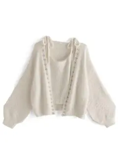 パールカーディガン×リボンキャミソールシャギーニットアンサンブル[mb1556]