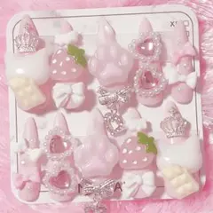 No.22 ハンドメイド ネイルチップ 現品 ピンク 白 地雷 量産型