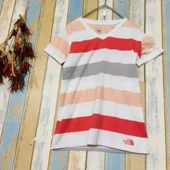 【ノースフェイス】トップス　Tシャツ　ボーダー　半袖　ロゴ入り　S