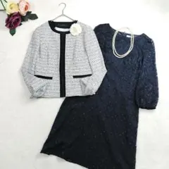 美品✨東京ソワール✼リフレクト✼ノーカラーツイード ワンピースセット 9号 白紺