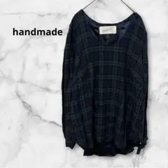 ハンドメイド チェックブラウス 綿 コットン 手作り 長袖 ネイビー グリーンのサムネイル