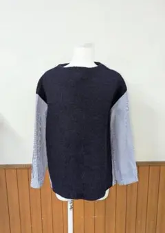 COLLAGE　ネイビーニット×ストライプシャツ一体化トップス　U1008