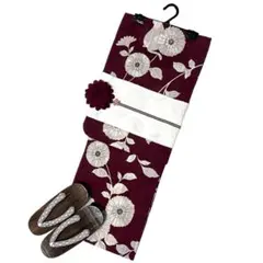 下駄なし SALE価格 浴衣ジェンヌ 浴衣5点セット 猫 菊 ワインレッド