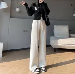 ワイドパンツ ゆったり　韓国　ゆったり　美脚　着痩せ　無地　白 カジュアル　ゴム