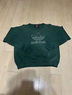 USA製 adidas スウェット トレーナー 裏起毛 緑 白 トレフォイル L 