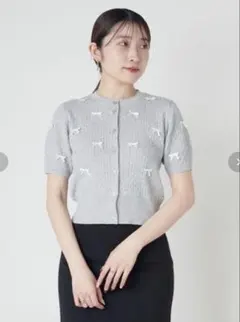 【スナイデル】リボン刺繍 グレー ニットカーディガン 半袖