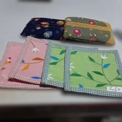 leaf 布製コースターセット 4枚と、ポケットティッシュ入れ