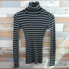 【エゴイスト】黒×グレーのボーダータートルニットトップス　細身　綿混