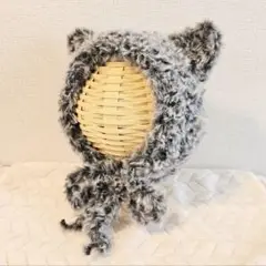 ⑧猫ボンネット帽子　黒猫　ハンドメイド　モコモコ