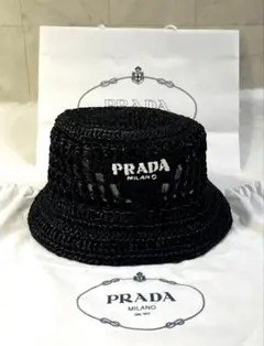 【新品未使用】PRADA プラダ ラフィアハット 麦わら帽子 黒 S 付属品完備のサムネイル