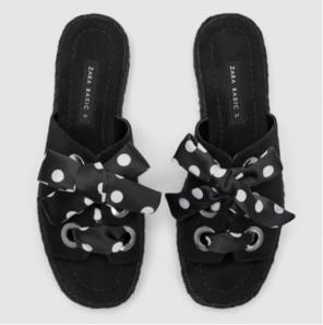 新品☆ZARA ザラ ドット柄リボン付きフラットサンダル ブラック 36