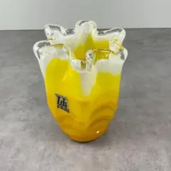 ジャパン ヴィンテージ ガラス ベース イエロー×ホワイト レトロ 花器 花瓶
