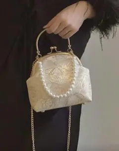 アイボリー パール装飾 ハンドバッグ パーティーバッグ 金色 ゴールド
