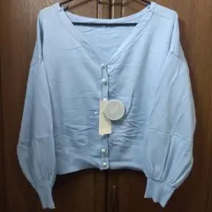 春ニットカーデガン　セーター  2way  ショート丈　水色　パールボタン　新品