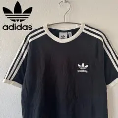 【人気】 adidas リンガー Tシャツ 刺繍ロゴ 黒 L 3ストライプ