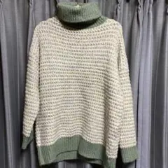 厚手ニット タートルネックセーター クリーム・緑