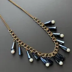 ビーズパールネックレス ブラック×ゴールド