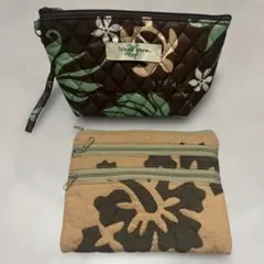ハワイアンキルト　パッチワーク　キルティング　ポーチ　茶系　2個セット