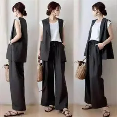 セットアップパンツジレ ノースリーブジャケットロングジレブラック大人着痩きれいめ