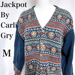 US古着 フェアアイル柄ニットカーディガン ウールセーター 長袖 ボーダー 花柄