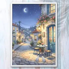 A4 月夜のカフェ通りと2匹の猫 心温まる夜の水彩風アート インテリアポスター