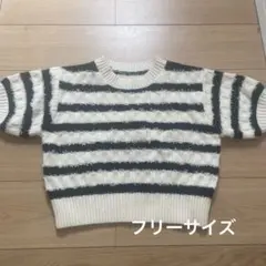 アイボリー 黒 ストライプ 半袖 ニット
