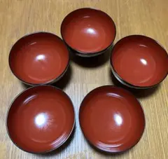 赤い木製汁椀 5個セット 金色花模様