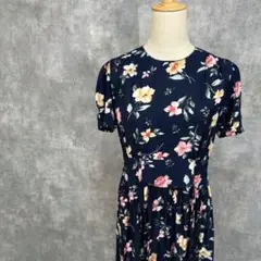 【Worthington】レトロ古着　ネイビー×花柄　レーヨン半袖ワンピース
