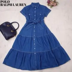 極美品✨ポロラルフローレン ウエストリボン ティアードデニムシャツワンピース