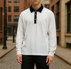 美品 ユニクロ ポロシャツ Mサイズ 白 長袖 ボタン付き カジュアル おしゃれ