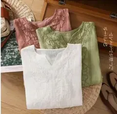 刺繍入り五分袖チュニック　純綿シャツ　夏の新しい韓国版刺繍のトップス　ホワイト