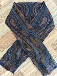 ETRO エトロ ウール×シルク ストール ブルー系 ペイズリー柄