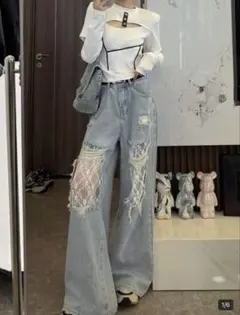 ヴィンテージ風 ダメージ レース パッチワーク ワイドジーンズ
