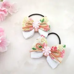 キッズベビーヘアゴム　和風　和柄ちりめん　布リボン　薄黄緑　白ピンク　2個セット